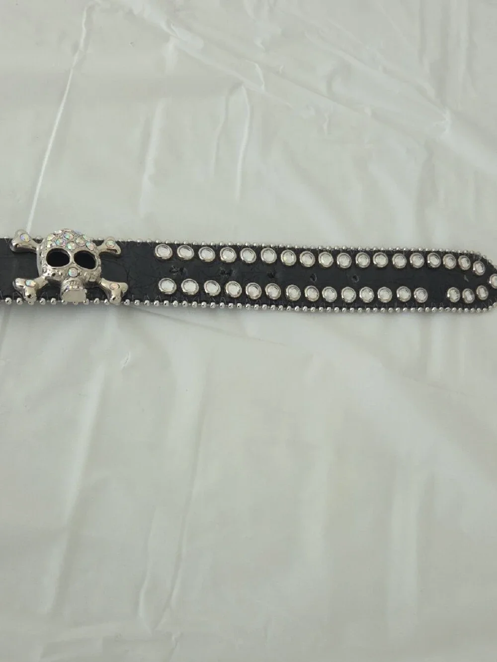 Skull Cluster Rhinestone Belt Buckle on Black Studded Belt
